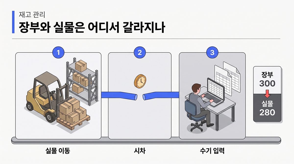 재고 관리에서 장부와 실물이 갈라지는 세 지점: 실물 이동, 시차, 수기 입력. 장부 300개 대 실물 280개 대비
