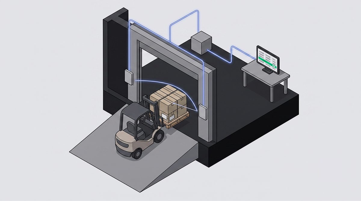 RFID 게이트를 지게차가 통과하면 입고·출고가 자동으로 기록되어 관제 화면에 반영되는 구조