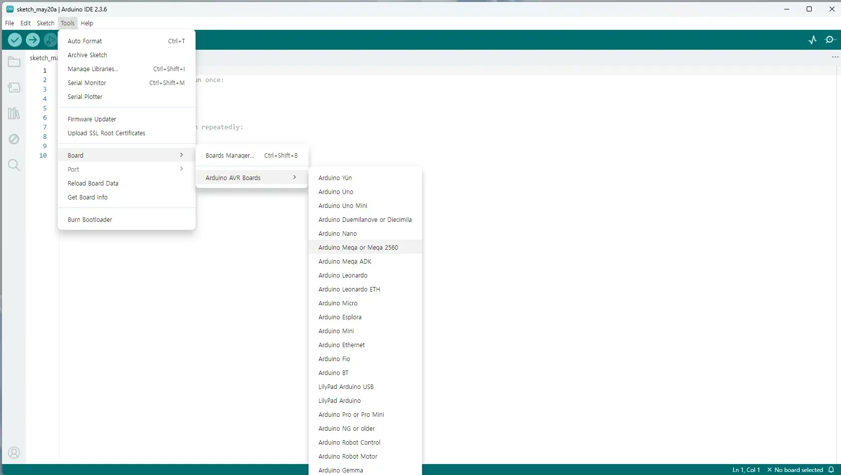 Arduino Mega 2560 연동 – Arduino IDE 설정 및 보드 연결 화면 5