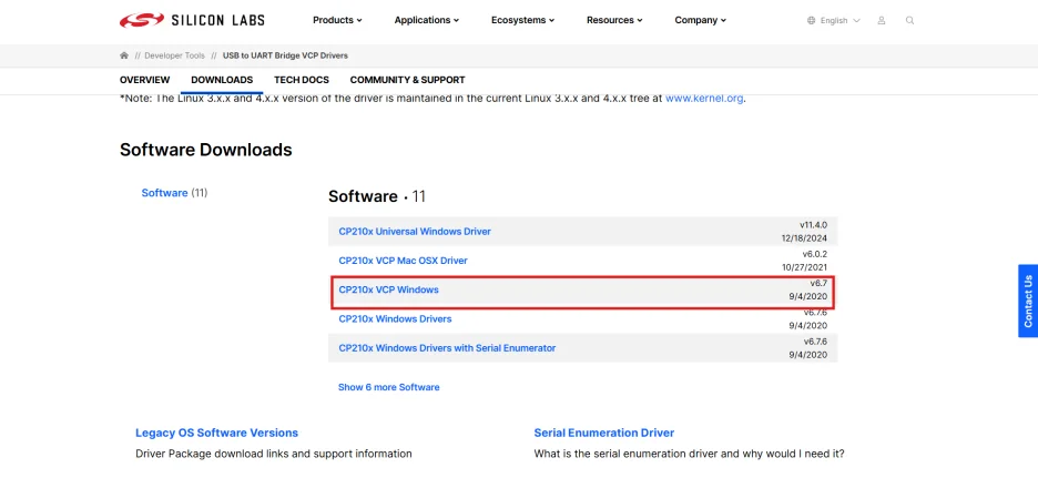 CP210x VCP 드라이버 설치 가이드 – 2) Windows용 드라이버 선택 화면 2