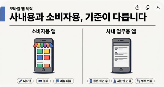 소비자용 앱과 사내 업무용 앱의 제작 비용 기준 비교