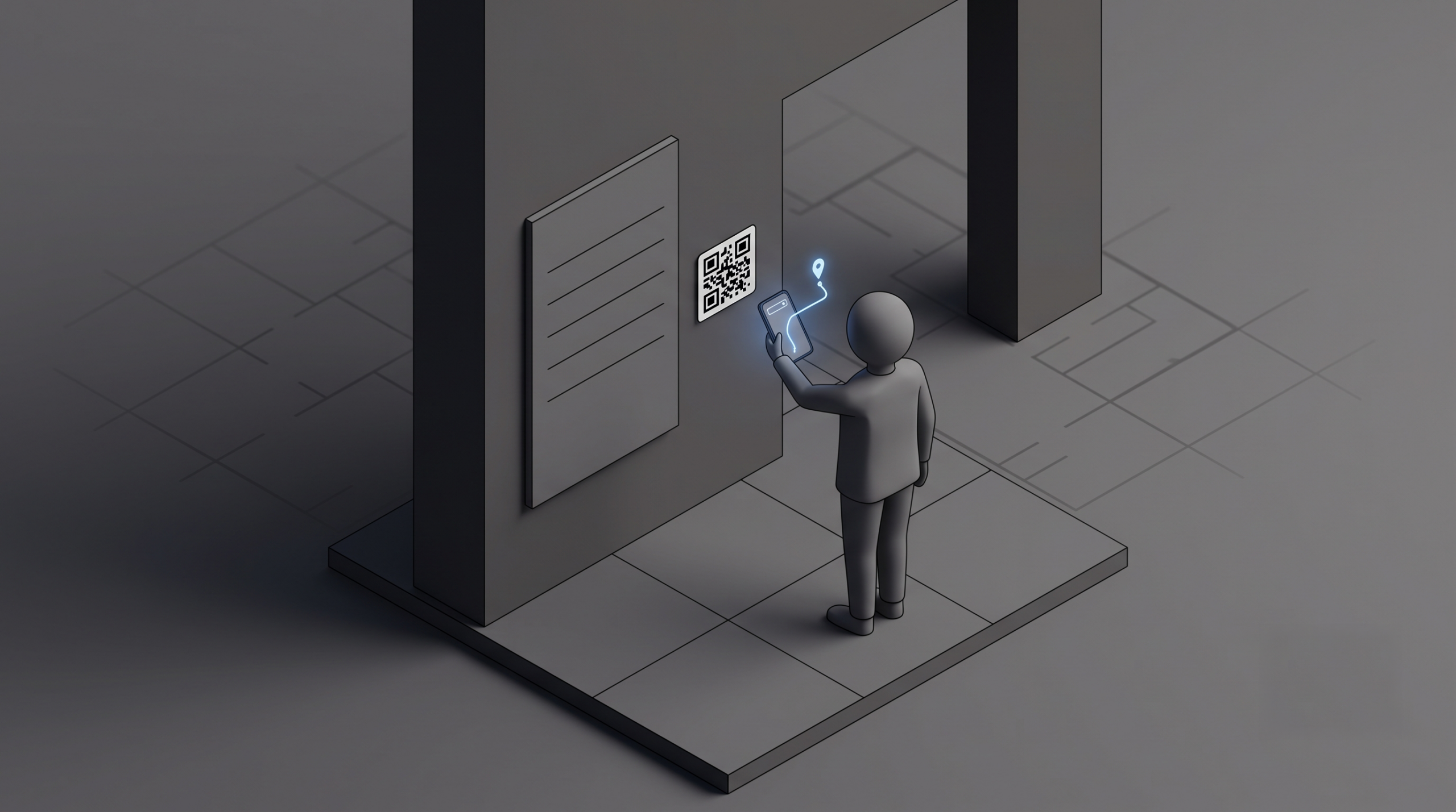 Isometric illustration of a visitor scanning a QR code at a venue directory while their phone lights up with a glowing wayfinding route