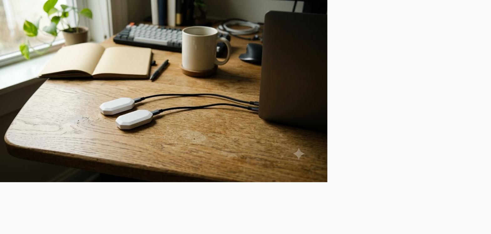 개발자 책상에서 두 개의 UWB 위치 태그가 USB-C로 노트북에 연결된 모습
