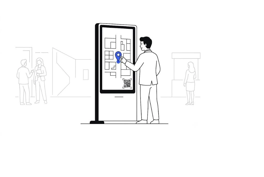 Flat vector illustration of a visitor using a touchscreen wayfinding kiosk at an exhibition hall