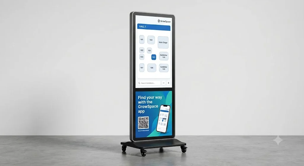 GrowSpace digital wayfinding kiosk on wheeled base showing hall map and QR code for the GrowSpace app