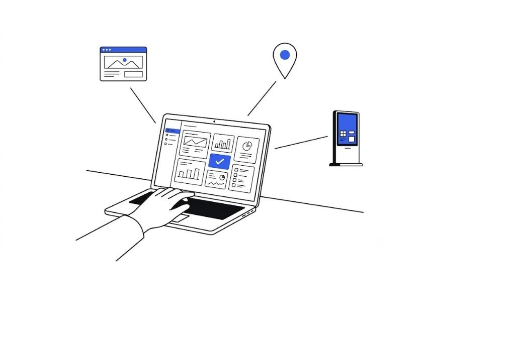 Flat vector illustration of one admin dashboard updating a website, a map, and a kiosk at the same time