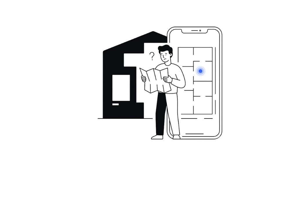 Flat vector illustration of a visitor checking an indoor wayfinding app on a phone next to a building floor plan