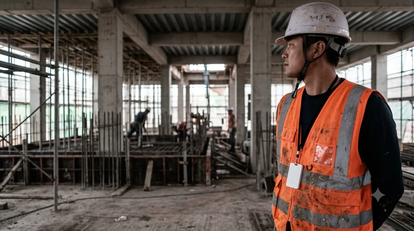 A UWB personnel tag worn on a construction worker's safety vest