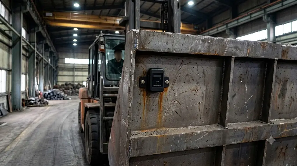 A forklift moving a large metal bucket inside a steel mill raw-material handling building, with a GrowSpace UWB asset tag bolted to the side of the bucket