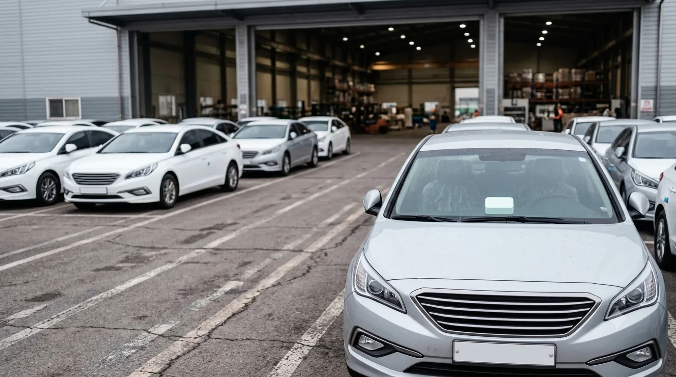 The indoor-outdoor boundary zone where a finished-vehicle shipping yard meets a warehouse doorway