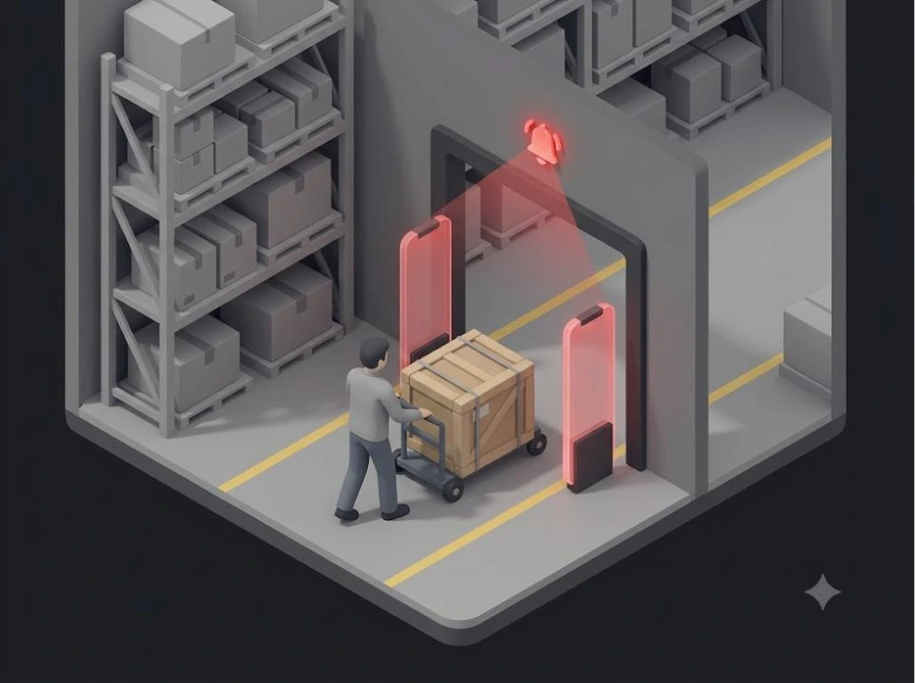 고가 자산 반출입 확인 - RFID 태그가 부착된 자산이 창고 출입구를 통과하면 담당자에게 알림이 전송되는 개념도
