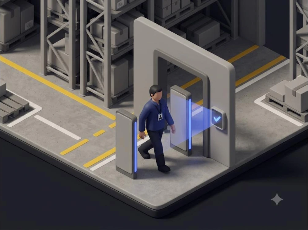 출입 이력 자동 기록 - RFID 태그가 게이트를 통과할 때마다 시간과 방향이 자동으로 기록되는 개념도