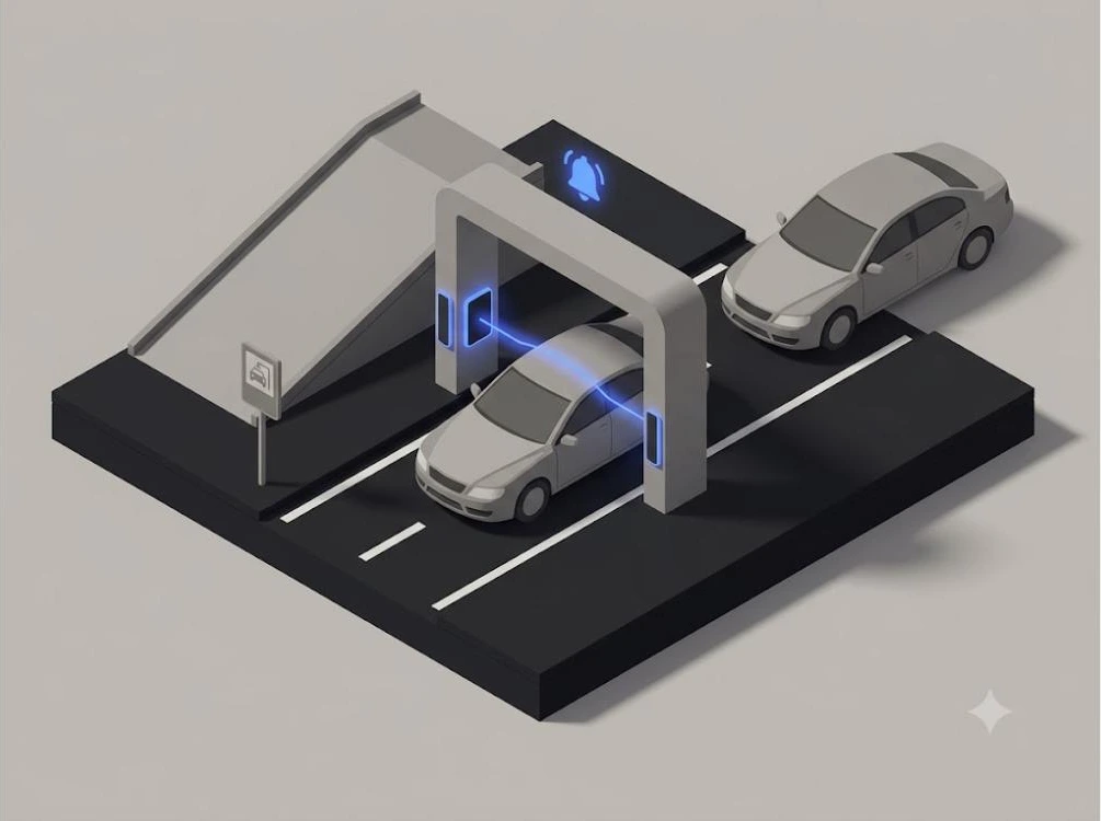 완성차 물류센터 게이트 관리 - RFID 태그로 차량의 게이트 진입·진출을 인식하는 개념도