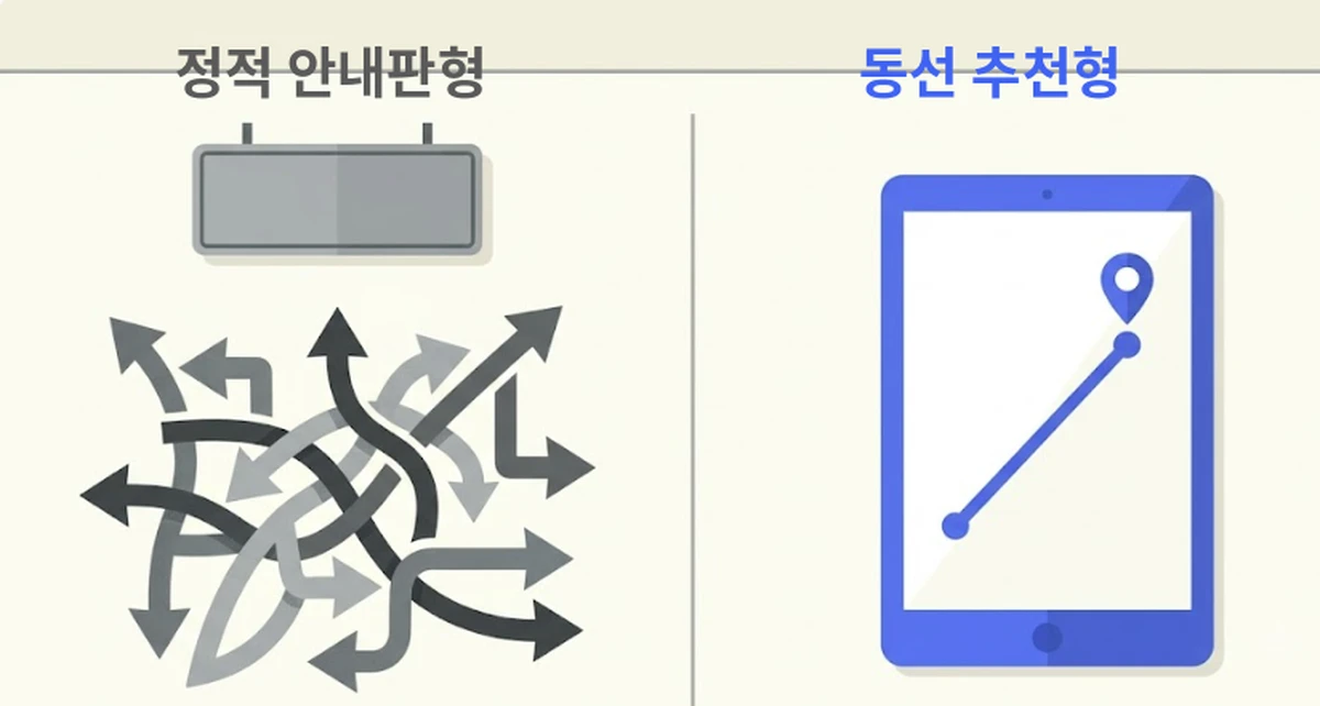 정적 안내판형과 동선 추천형 비교 인포그래픽