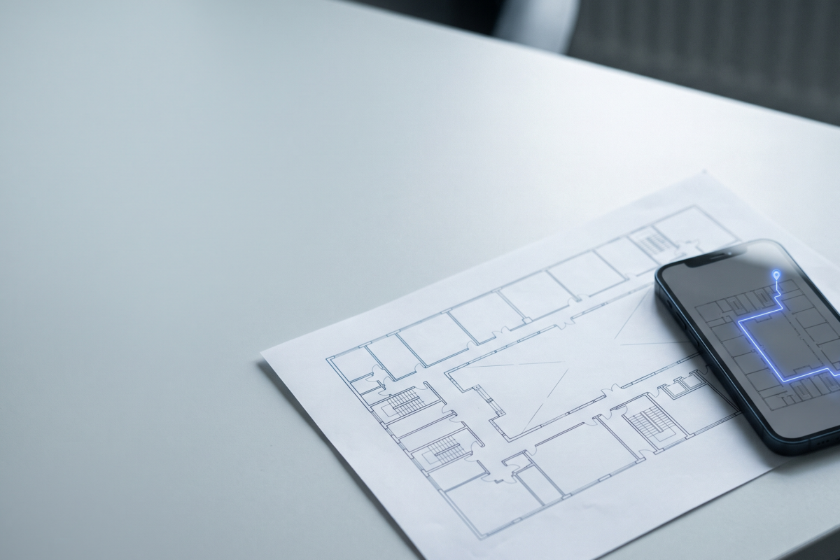 Printed floor plan sheet beside a smartphone showing a glowing blue wayfinding route, representing indoor mapping software versus wayfinding software