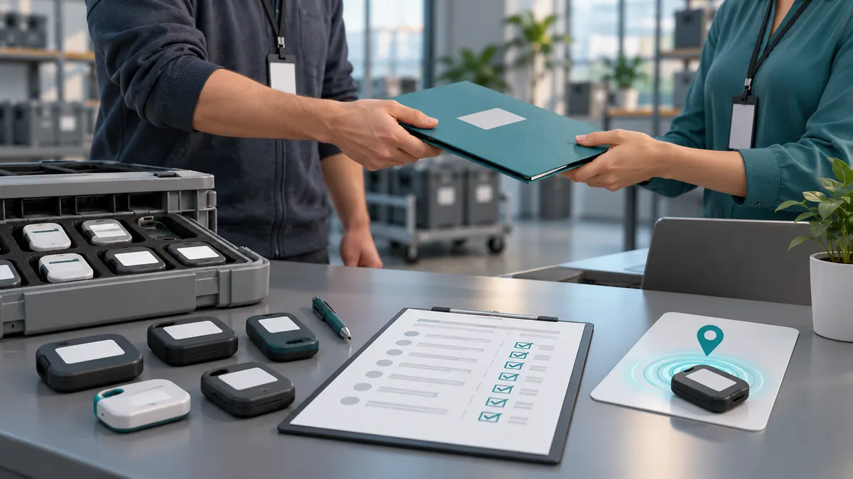 Labeled tracking devices and an operations handover inventory