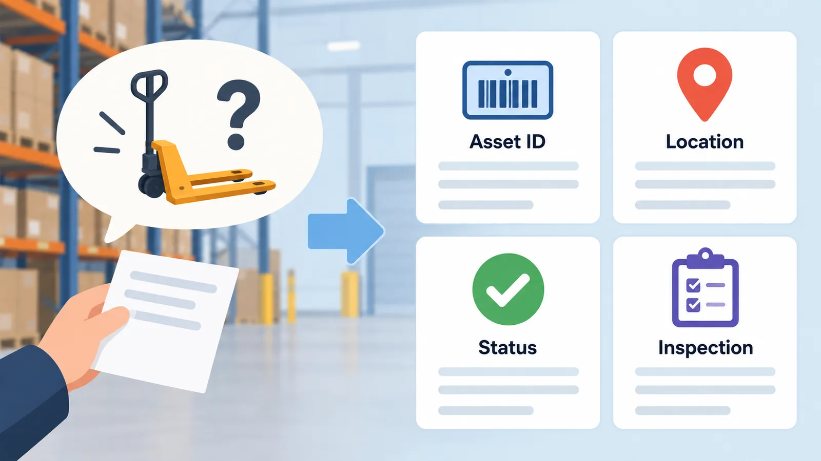 A warehouse equipment request organized into Asset ID, Location, Status, and Inspection fields