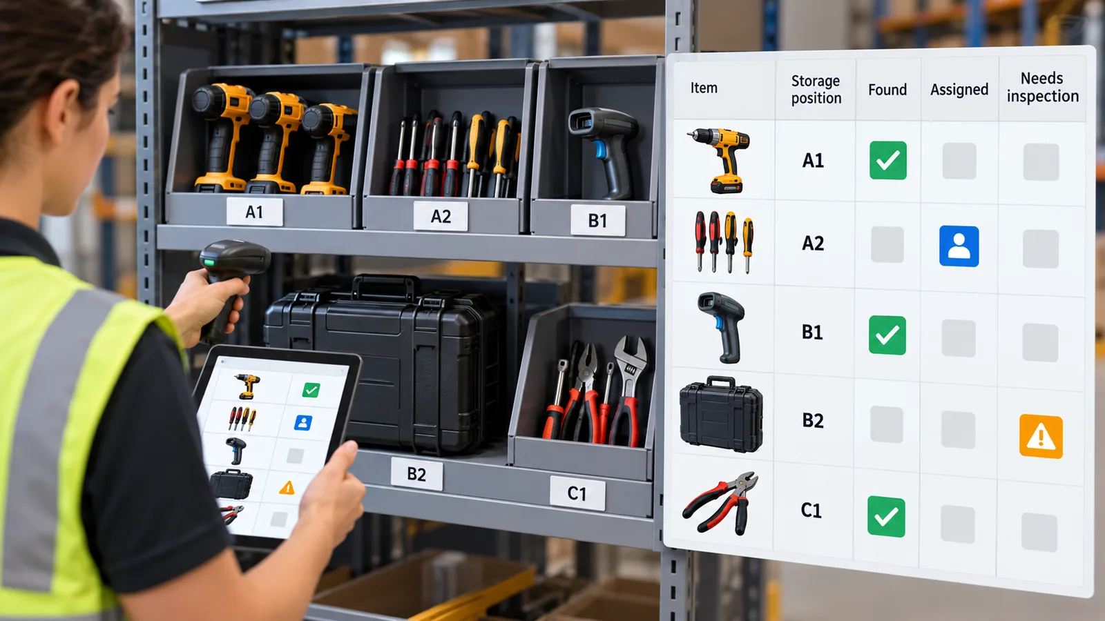 Generic warehouse tools beside a checklist for Found, Assigned, and Needs inspection