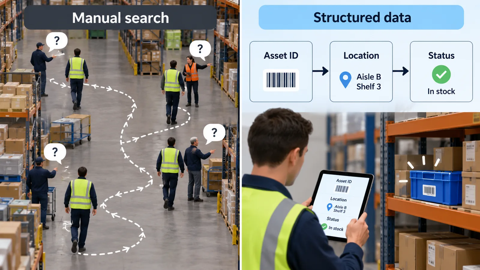 Conceptual comparison of manual warehouse searching and structured asset, location, and status data