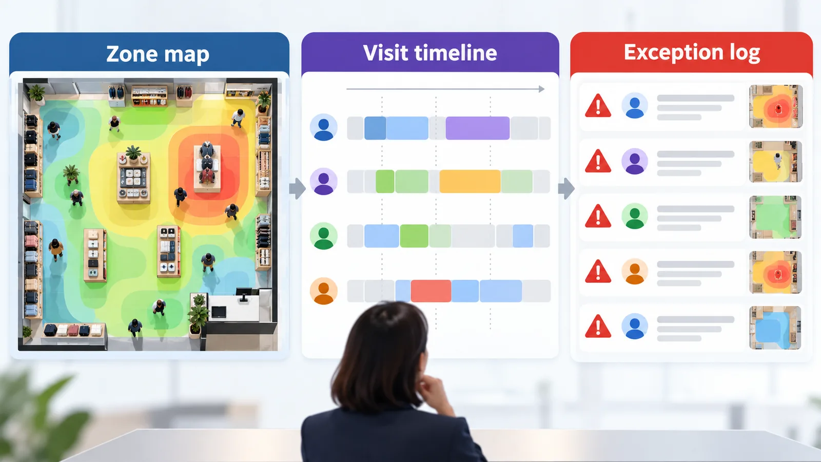 Conceptual workflow connecting a zone map, visit timeline, and exception log