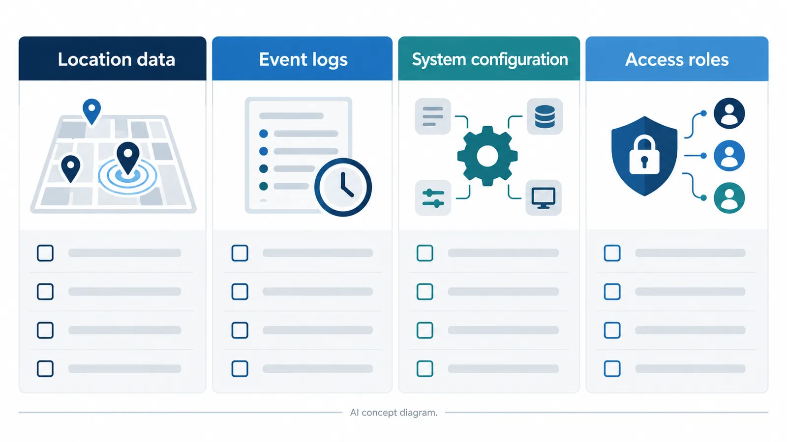 AI concept matrix for reviewing ownership of location data, event logs, system configuration, and access roles