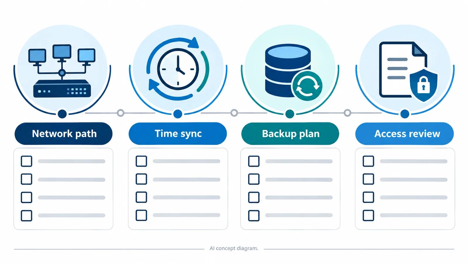 AI concept checklist for RTLS IT readiness covering network path, time sync, backup plan, and access review