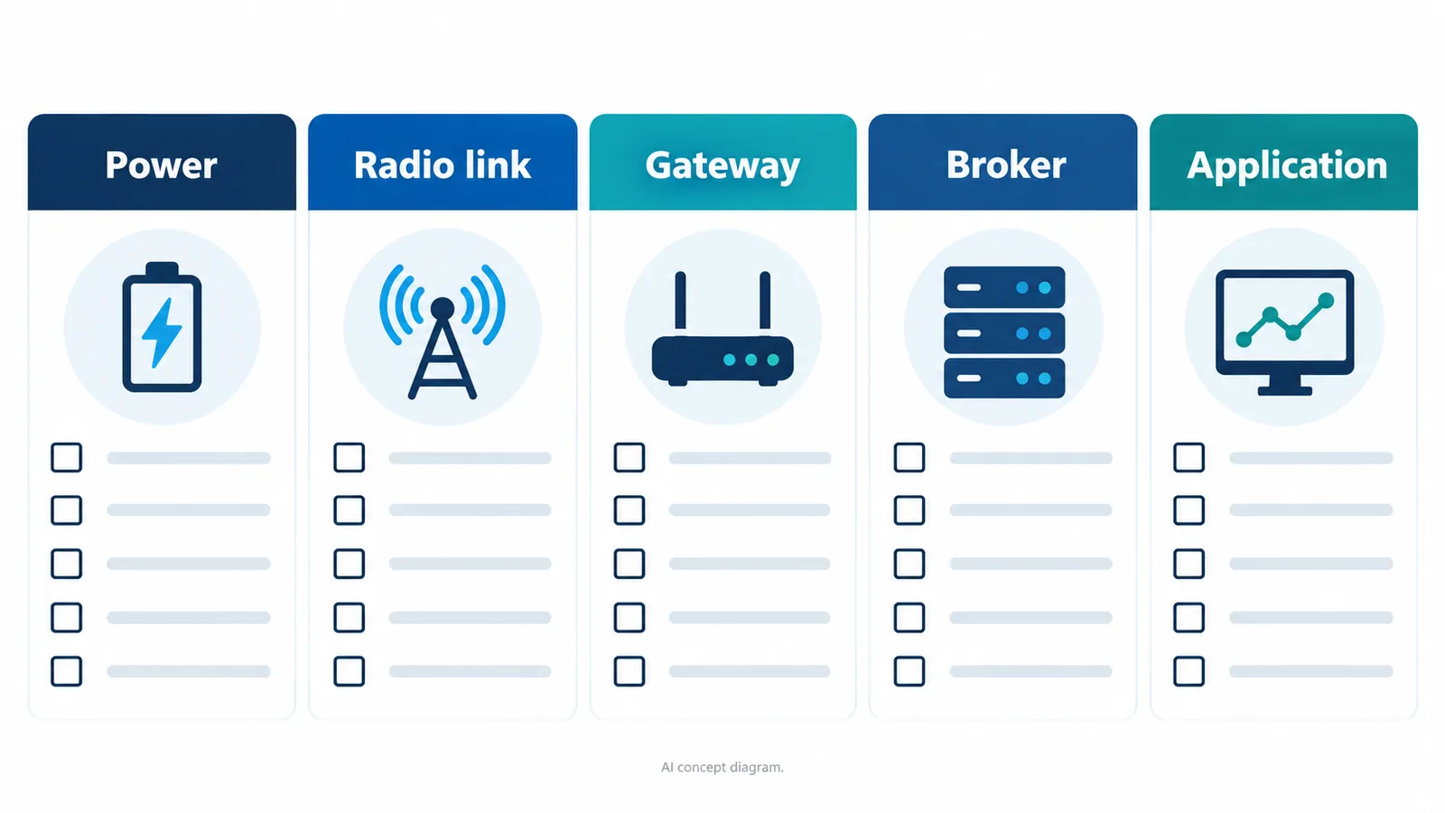 AI concept checklist for a silent RTLS feed covering power, radio link, gateway, broker, and application