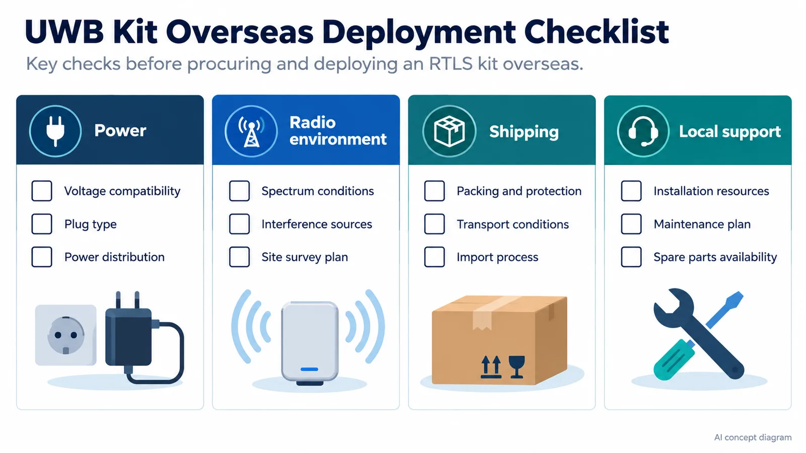 AI concept checklist for overseas UWB kit deployment covering power, radio environment, shipping, and local support