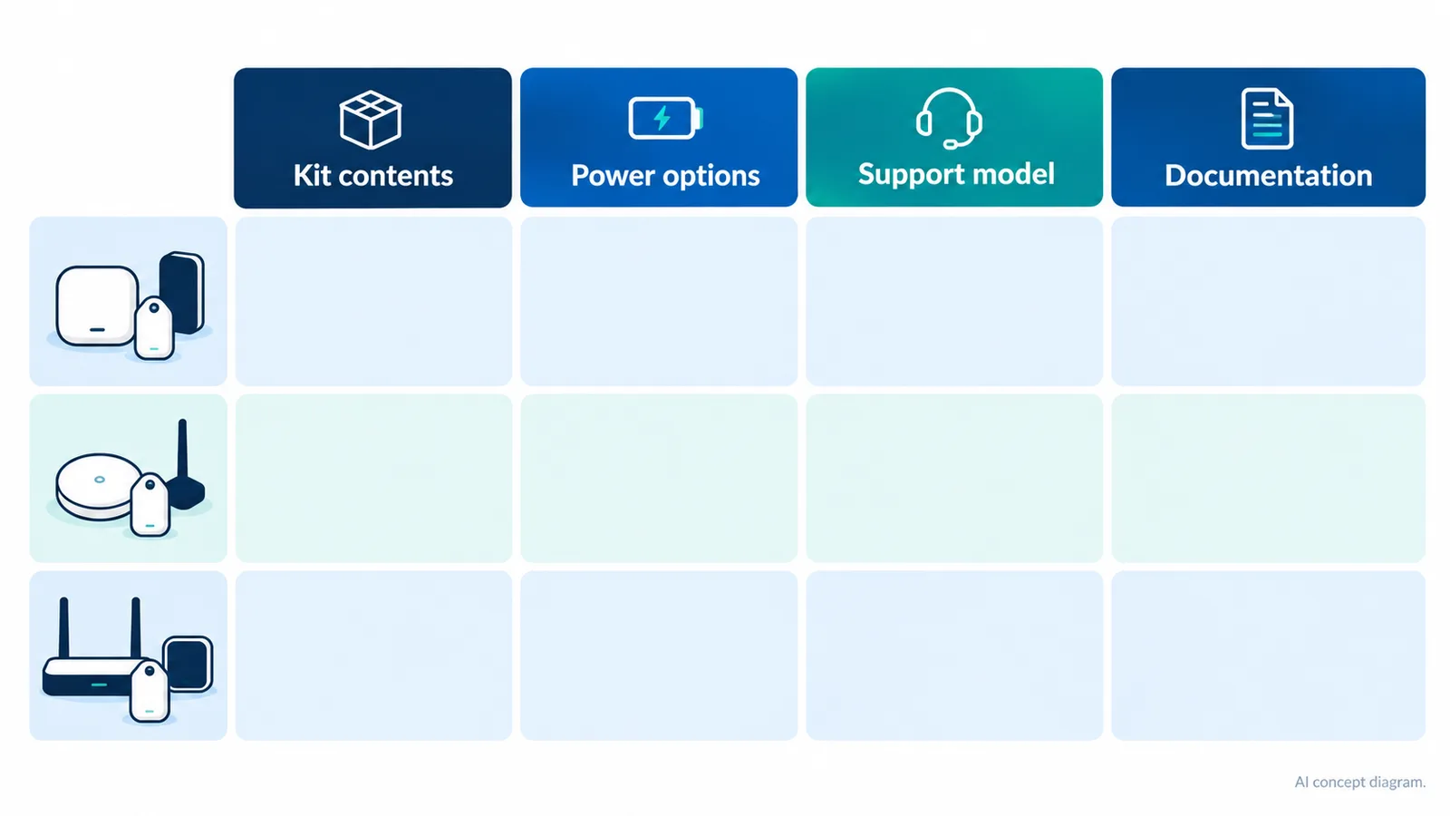 AI concept comparison matrix for UWB kit proposals with columns for kit contents, power options, support model, and documentation