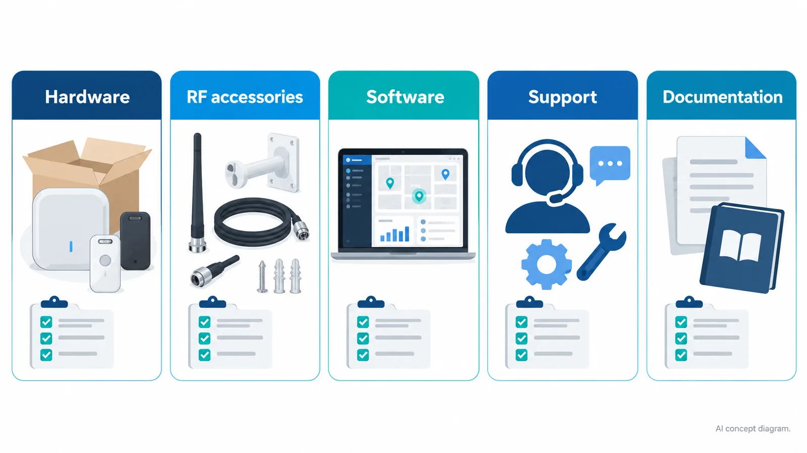 AI concept infographic listing UWB kit RFQ sections for hardware, RF accessories, software, support, and documentation