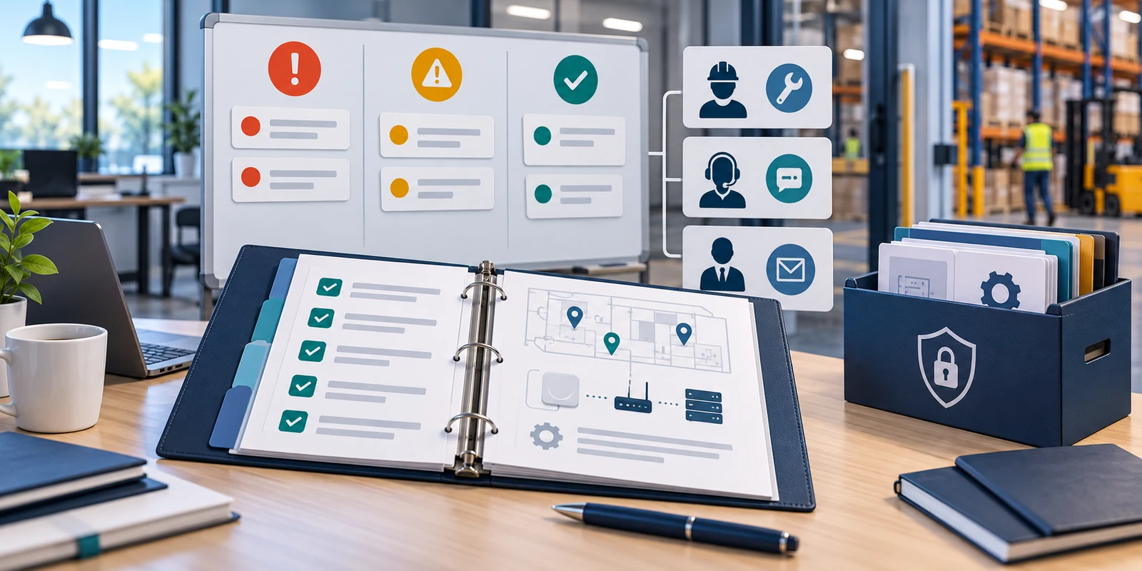 Illustrative RTLS handover documentation set with issue triage board, role cards, and secure archive box