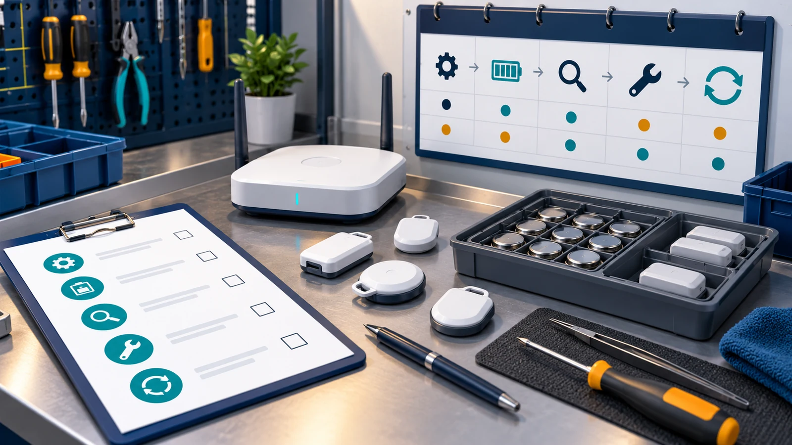 Illustrative maintenance workbench with RTLS tags, gateway, spare parts tray, and inspection card