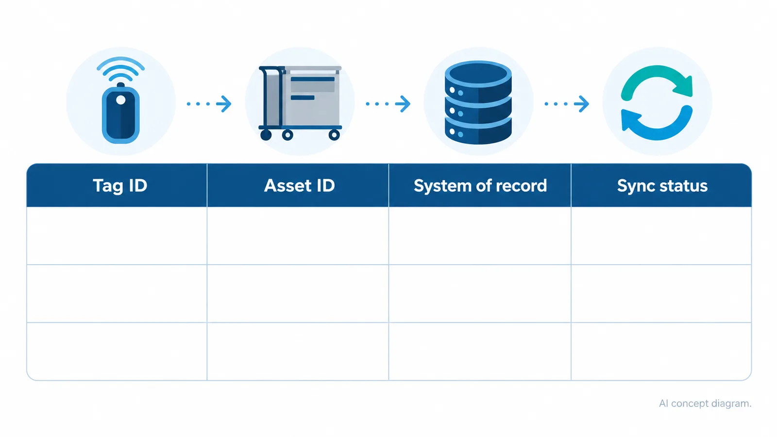 AI concept mapping table with columns for Tag ID, Asset ID, system of record, and sync status
