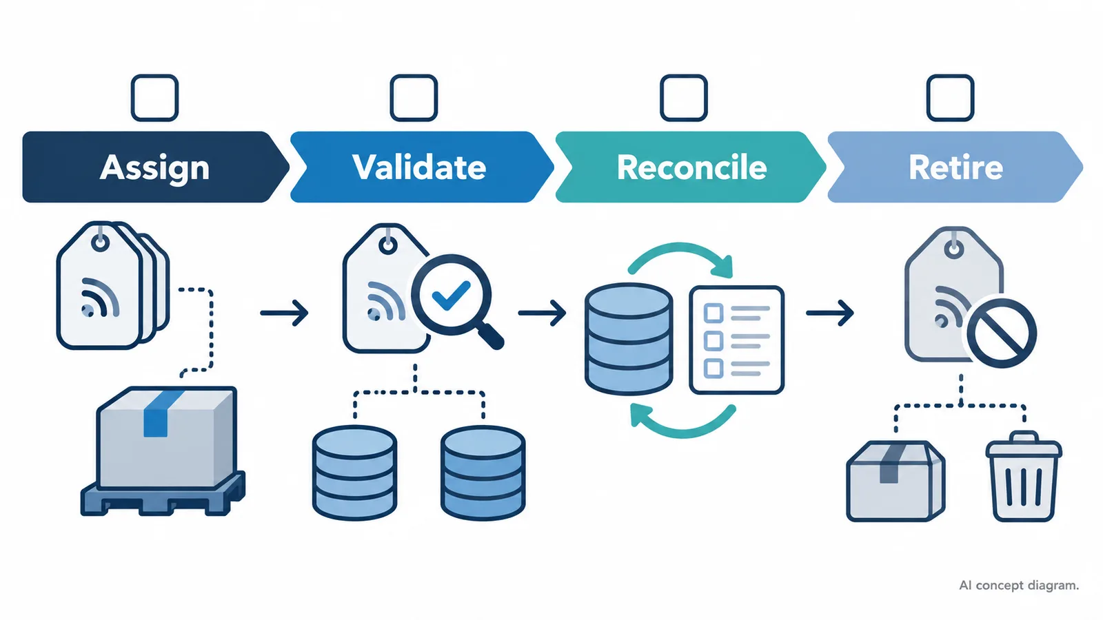 AI concept checklist showing the identity lifecycle stages assign, validate, reconcile, and retire
