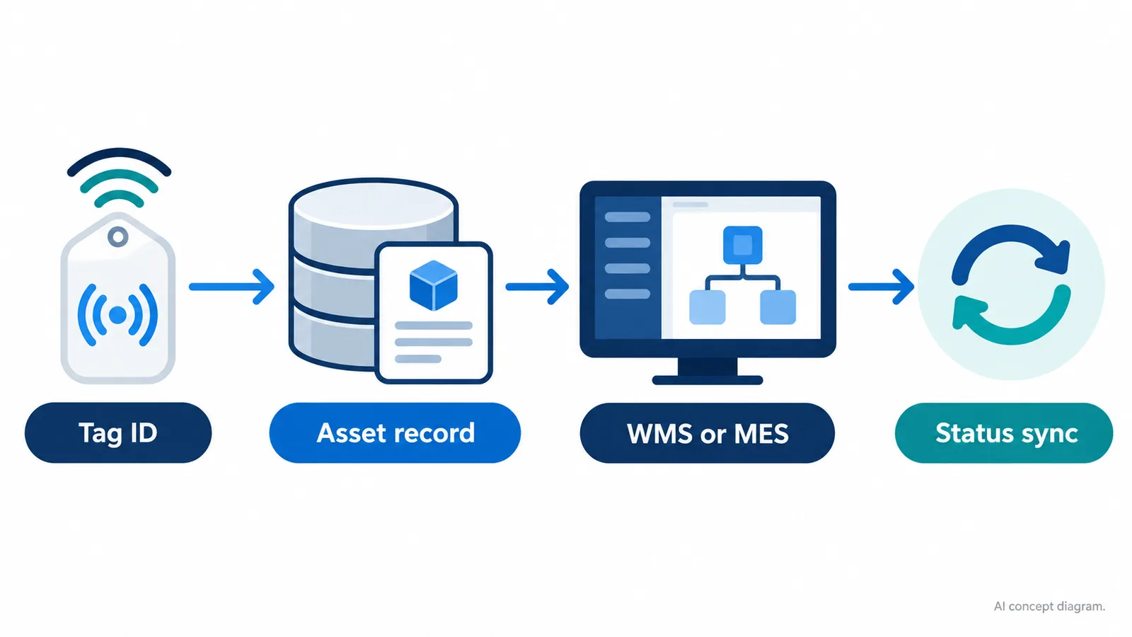 AI concept diagram showing Tag ID flowing to an asset record, WMS or MES, and status synchronization