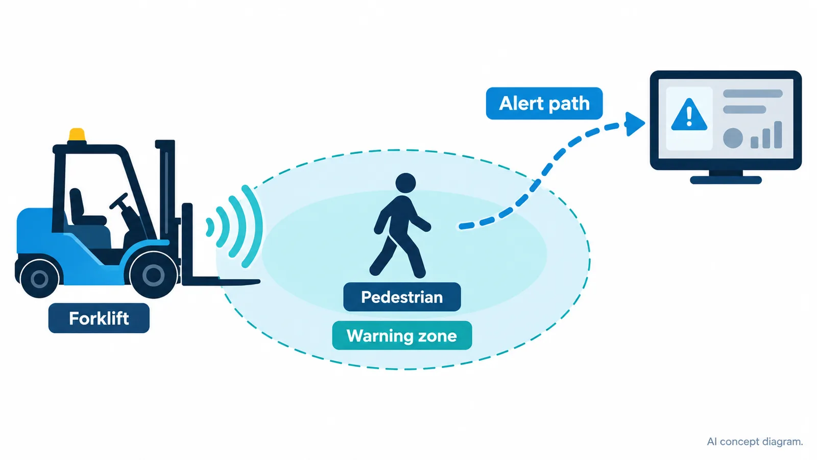 AI concept diagram showing a forklift, pedestrian, warning zone, and alert path to a monitoring screen