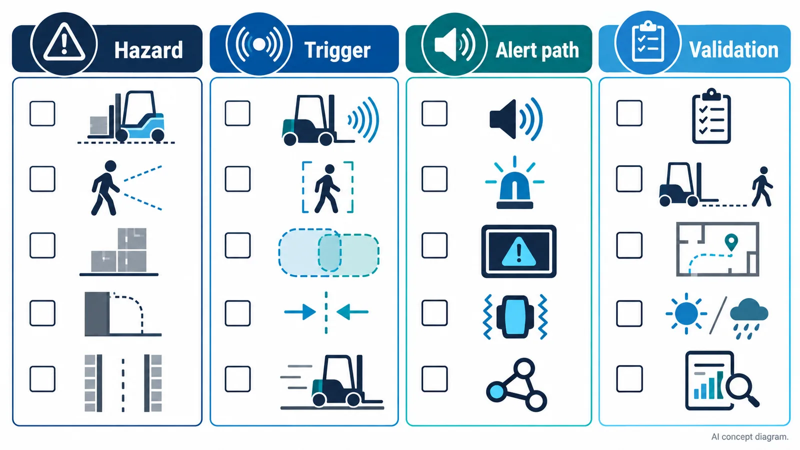 AI concept checklist for a forklift safety-system brief covering hazard, trigger, alert path, and validation