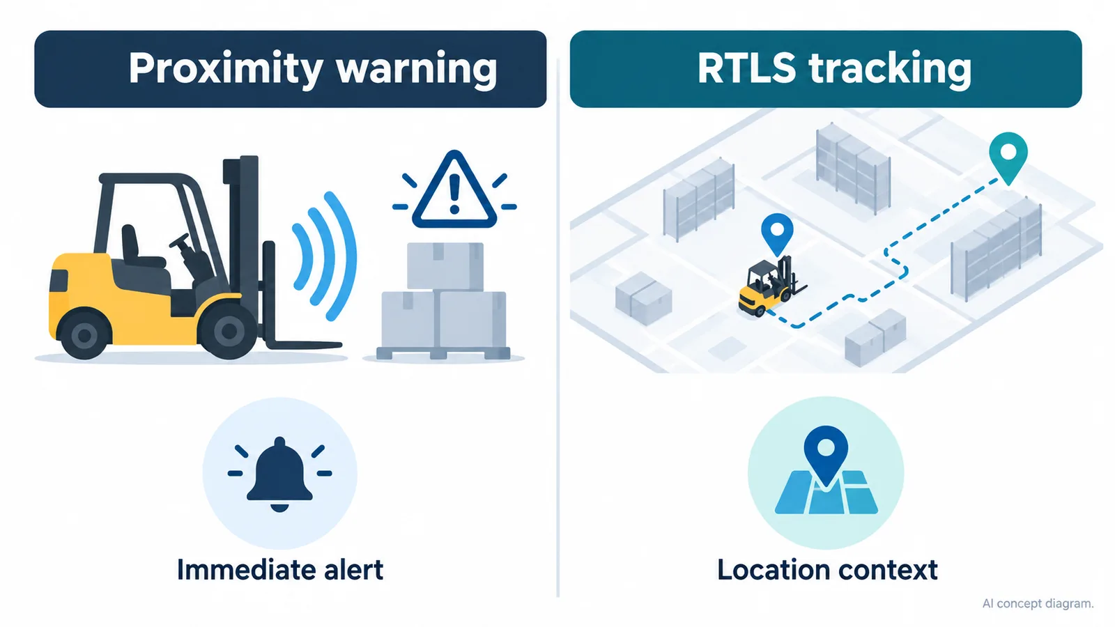 AI concept comparison of proximity warning for immediate alerts and RTLS tracking for location context
