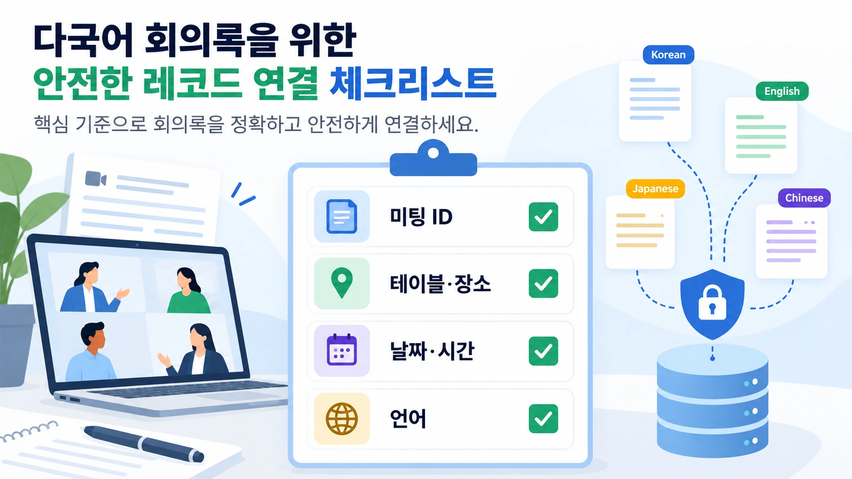 다국어 회의록 작성 후 확인해야 할 미팅 ID, 테이블·장소, 언어 검토 항목 체크리스트