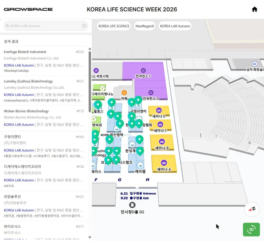 KOREA LAB Autumn 전시회로 걸러낸 참가업체 목록과 지도 위 위치 표시