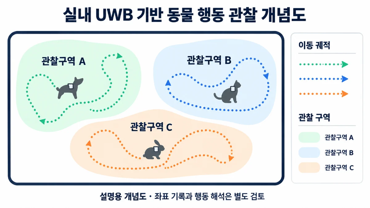 실내 UWB 기반 동물 행동 관찰 개념도(설명용)